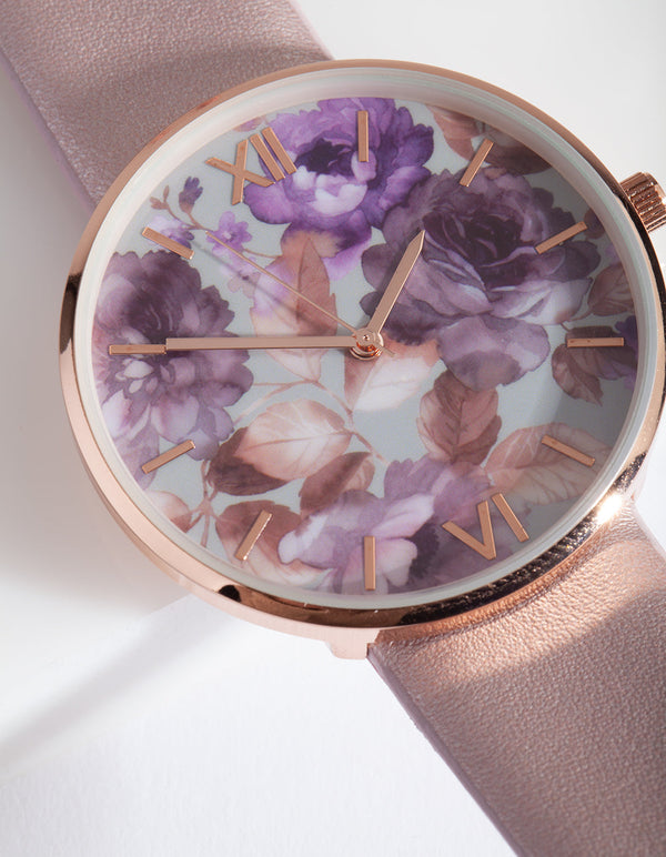Purple Floral PU-Strap Watch