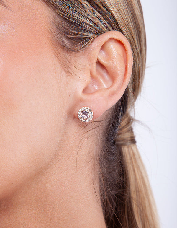 Rose Gold Pink Diamond Simulant Halo Stud Earrings