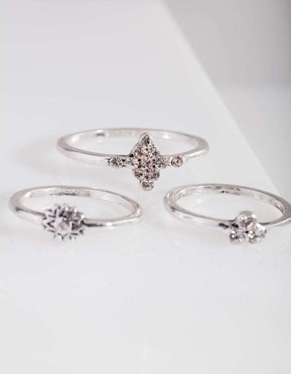 Diamante Silver Thin Ring 9 Pack