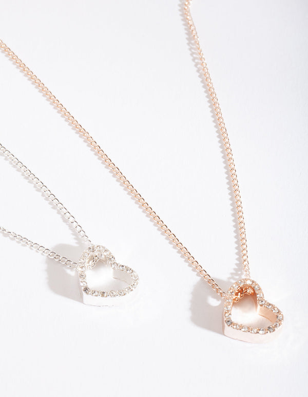 Mixed Metal Diamante Heart Necklace 2 Pack