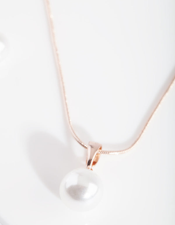 Rose Gold Pearl Necklace Earrings Set