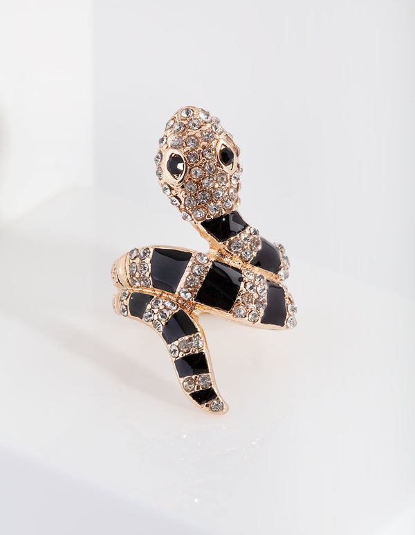 Gold Black Diamante Snake Ring