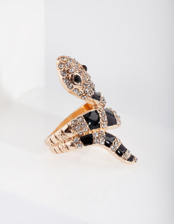 Gold Black Diamante Snake Ring