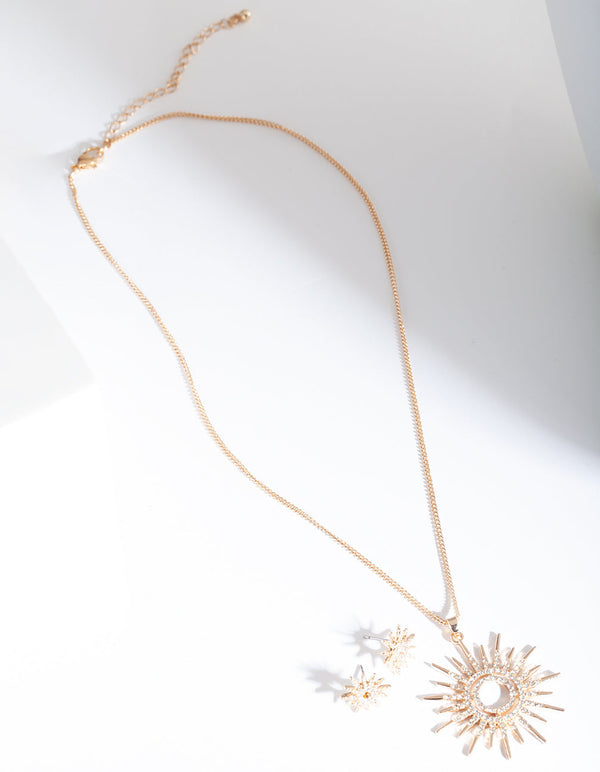 Gold Diamante Sun Earrings Necklace Set