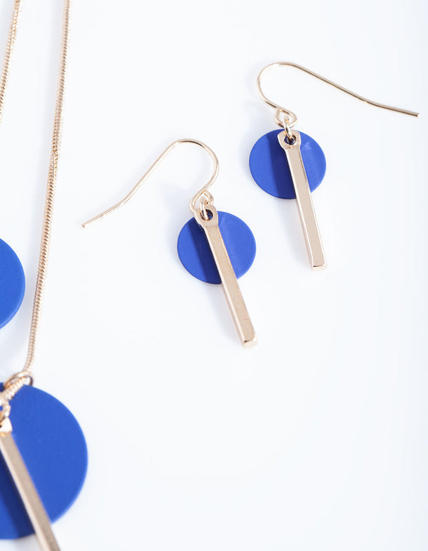 Blue Gold Matte Bead Necklace Earrings Set