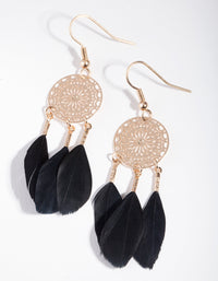 Gold Black Feather Dreamcatcher Earrings - link has visual effect only