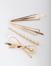 Gold Pearl Bow Hair Clip Pack - link has visual effect only