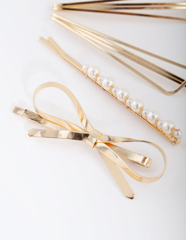 Gold Pearl Bow Hair Clip Pack