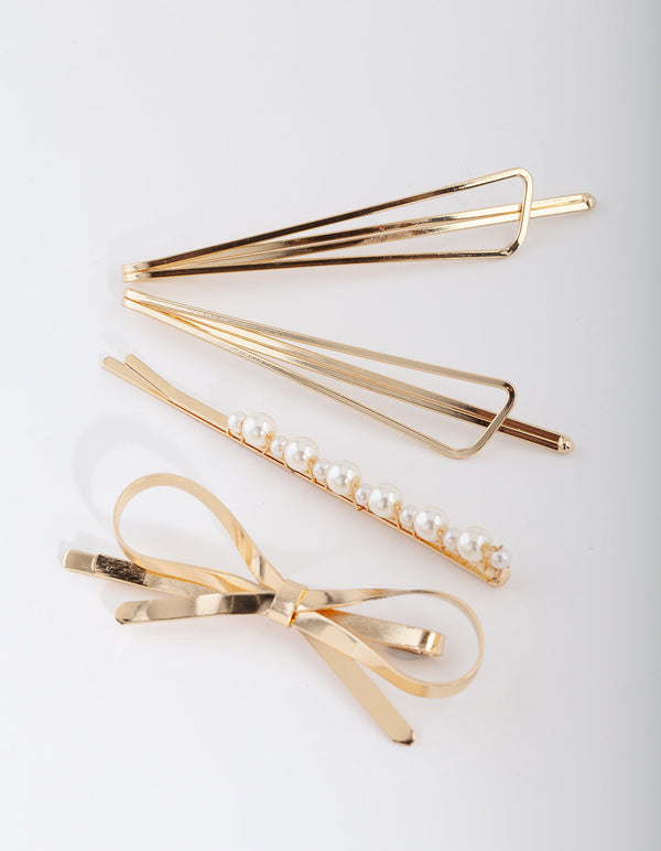 Gold Pearl Bow Hair Clip Pack