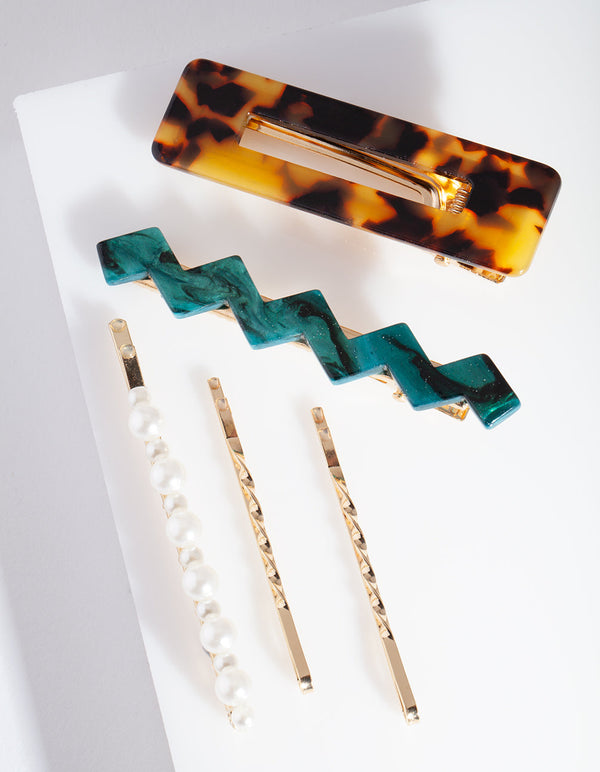 Mismatch Tort and Pearl Hair Clip 4 Pack