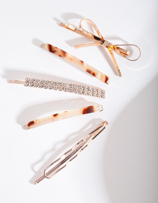 Rose Gold Diamante Bow Hair Clip Pack