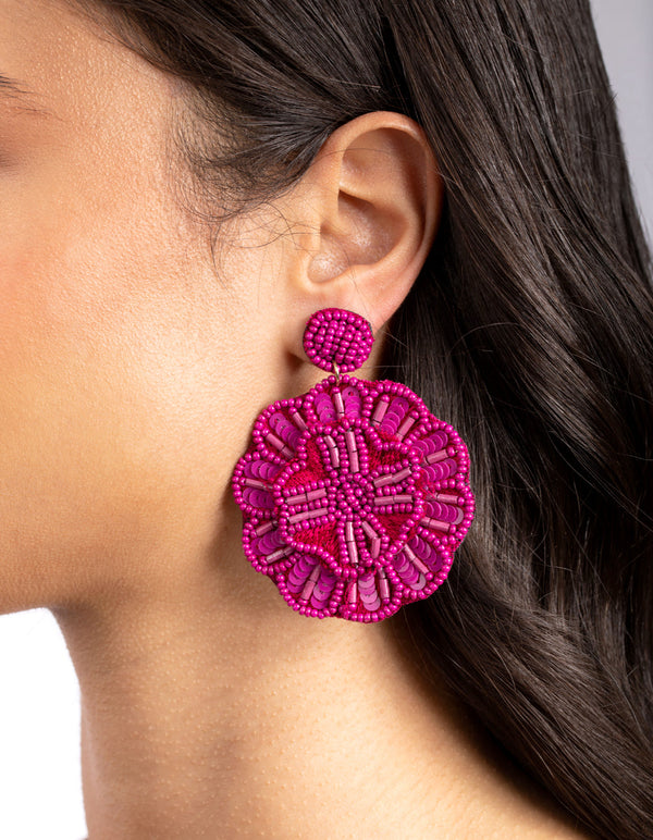 Pink Beaded Flower Drop Earrings