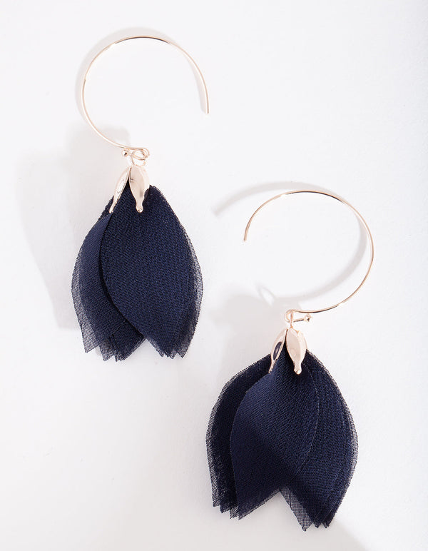 Navy Blue Fabric Flower Drop Earrings