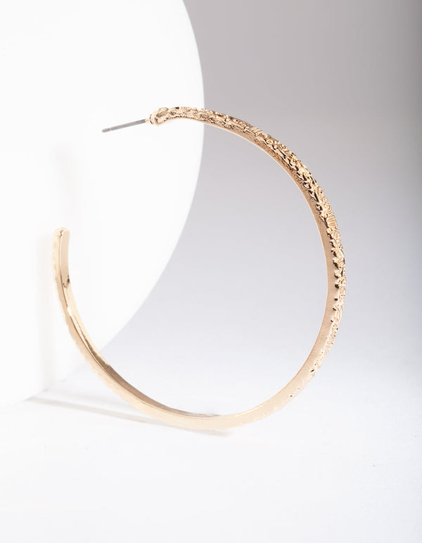 Gold Textured Thin Open Hoop Earrings