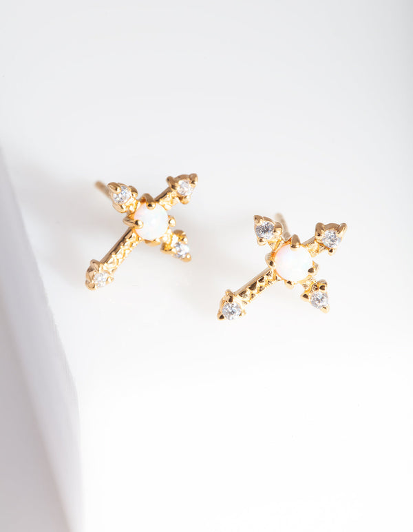 Gold Plated Sterling Silver Synthetic Opal Cross Stud Earrings