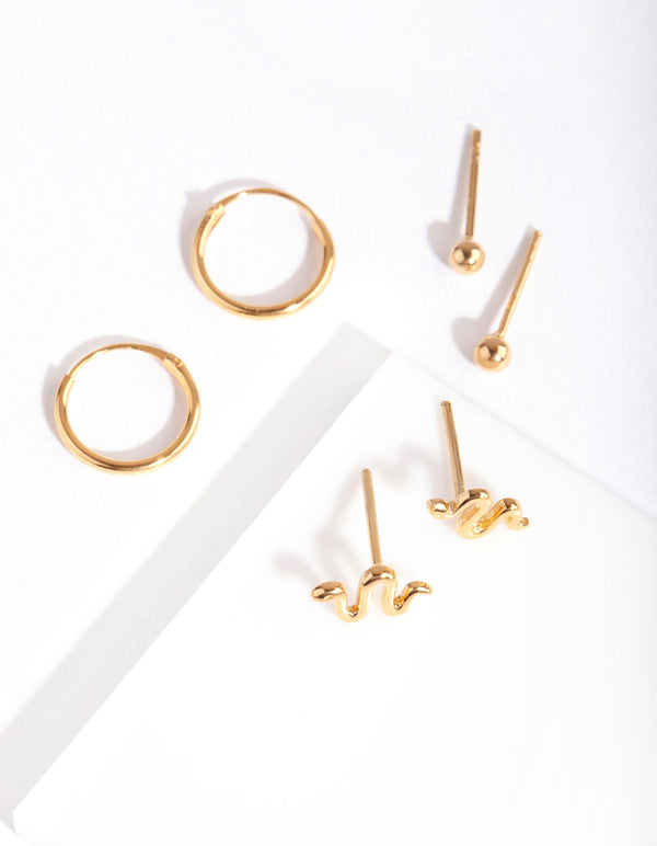 Gold Plated Sterling Silver Snake Hoop Earring 3 Pack