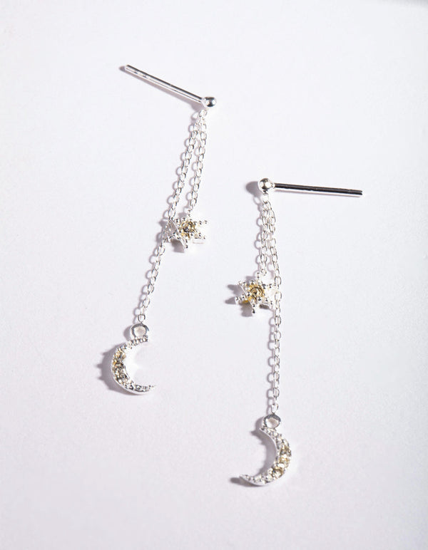 Sterling Silver Star and Moon Chain Drop Earrings
