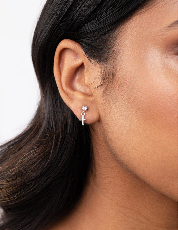 Sterling Silver Mini Cross Diamante Earrings