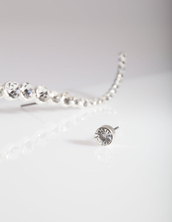 Silver Diamante Curved Bar Earrings