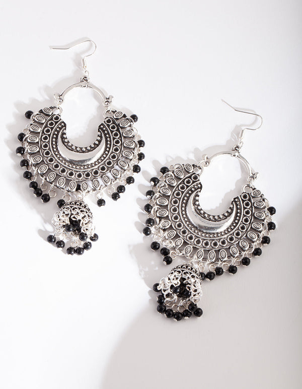Silver Black Bohemian Beaded Earrings