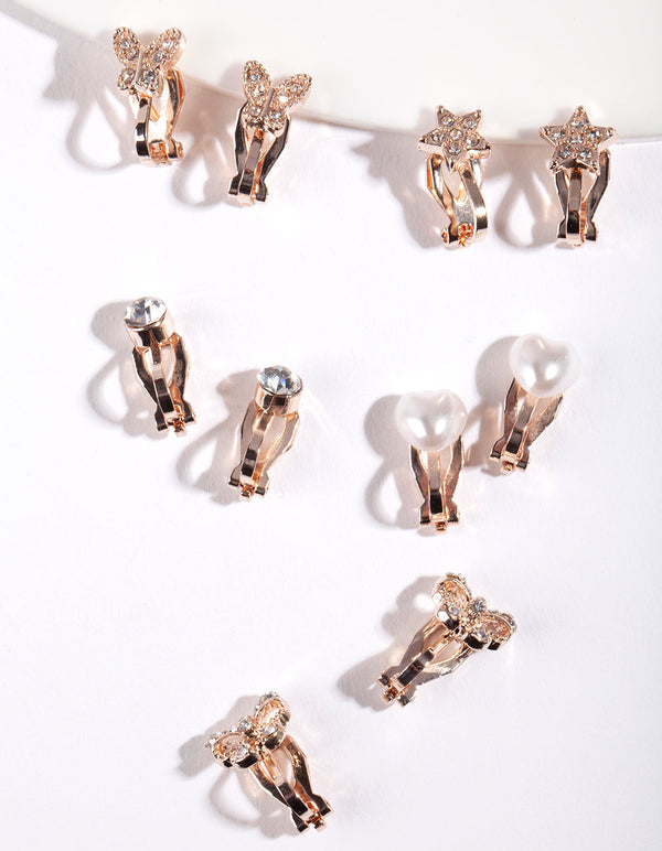 Kids Rose Gold Diamante Star Butterfly Heart & Bow Clip On Earring 5 Pack