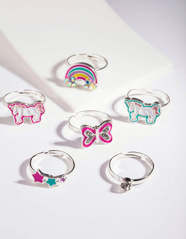 Kids Silver Unicorn Enamel Ring 6 Pack