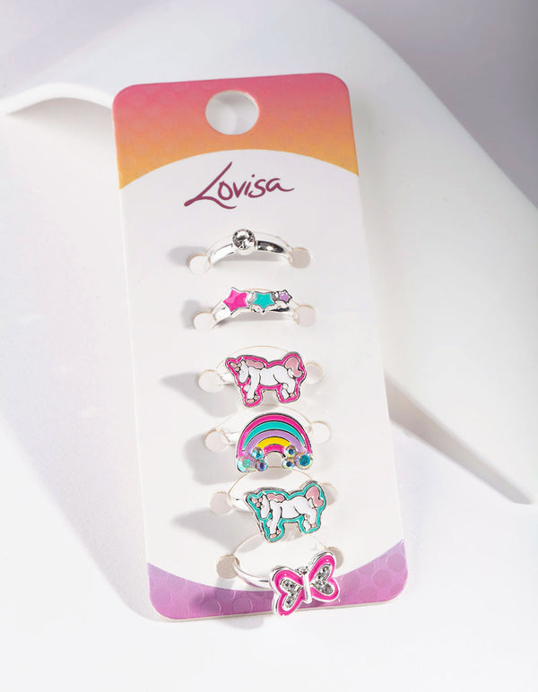 Kids Silver Unicorn Enamel Ring 6 Pack