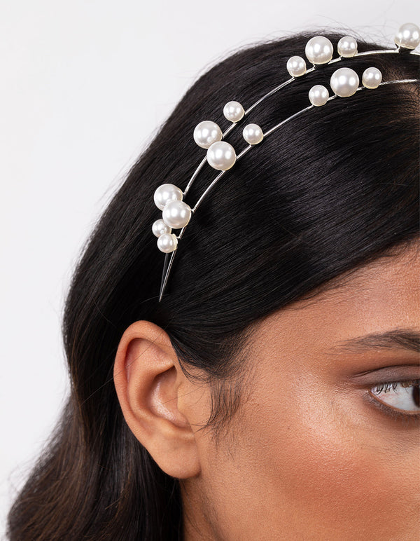 Silver Pearl Double Row Headband