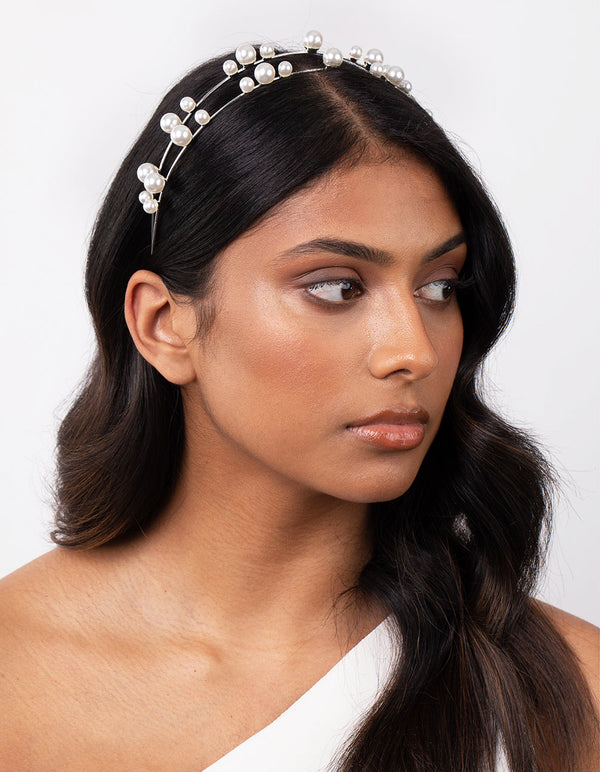 Silver Pearl Double Row Headband