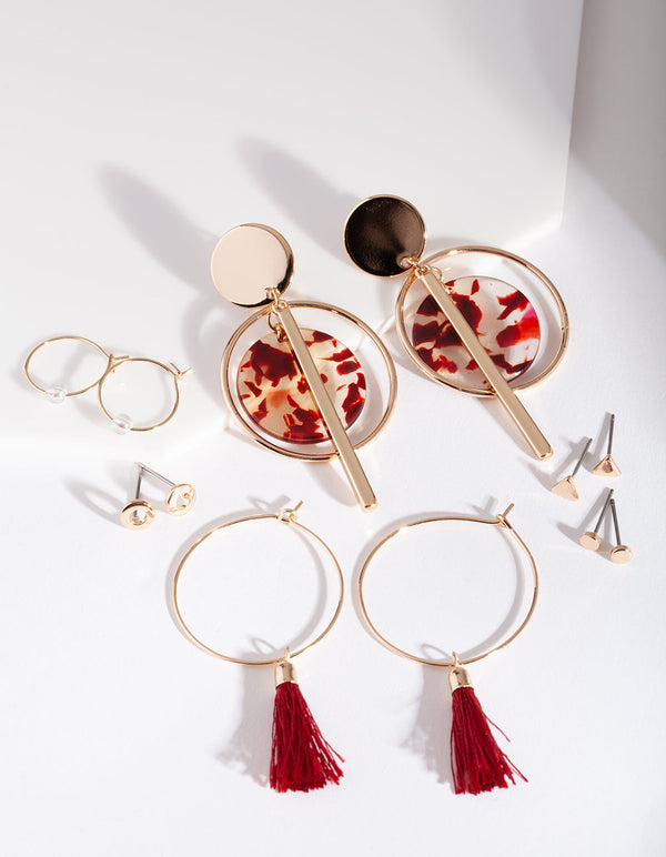 Mix of Red and Gold Acrylic and Tassel Hoop And Stud Earring 6 Pack