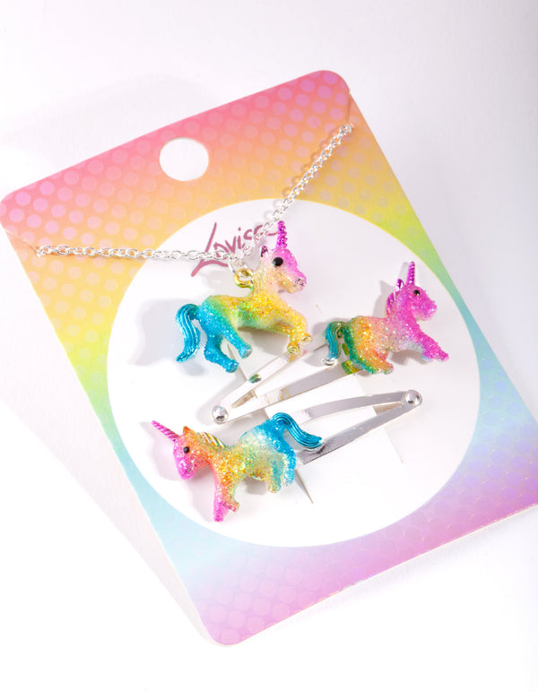 Kids Silver Unicorn Clip Necklace Set