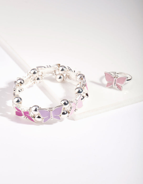 Kids Silver Enamel Butterfly Stretch Bracelet and Ring Pack