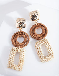 Gold and Brown Raffia Geometric Drop Earrings - link has visual effect only