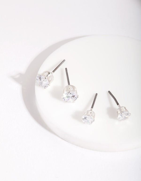 Silver Cubic Zirconia Round Stud Earring 2 Pack