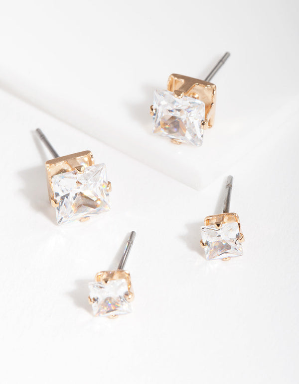 Gold Cubic Zirconia Square Earring 2 Pack