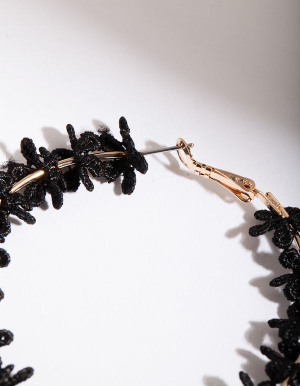 Black Gold Crochet Flower Hoop Earrings