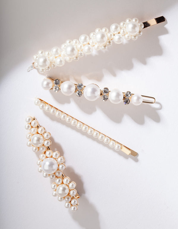 Gold Multi Pearl Diamante Hair Clip Pack