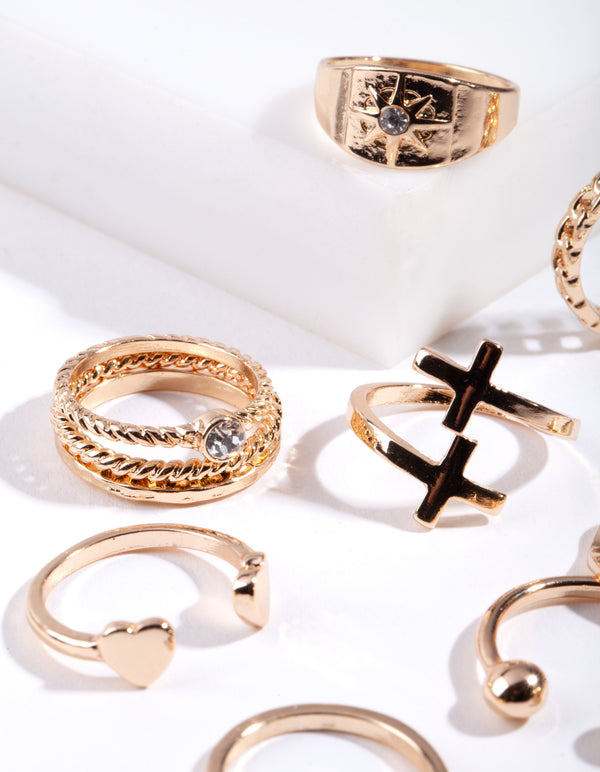 Gold Mixed Symbols Ring 8 Pack