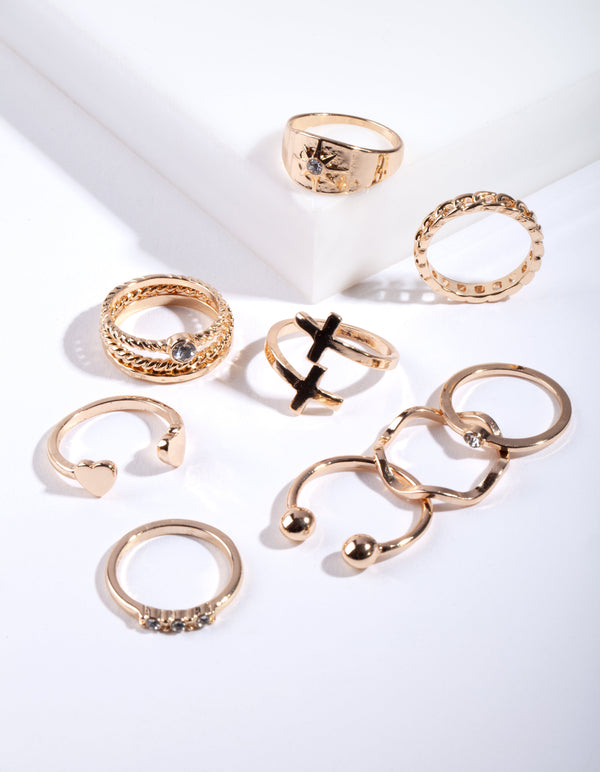 Gold Mixed Symbols Ring 8 Pack