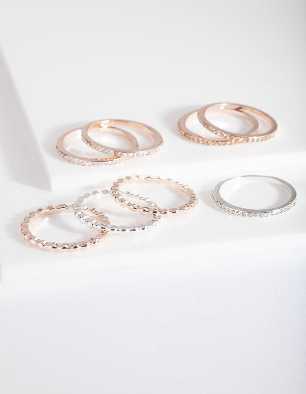Rose Gold Silver Textured Ring Pack