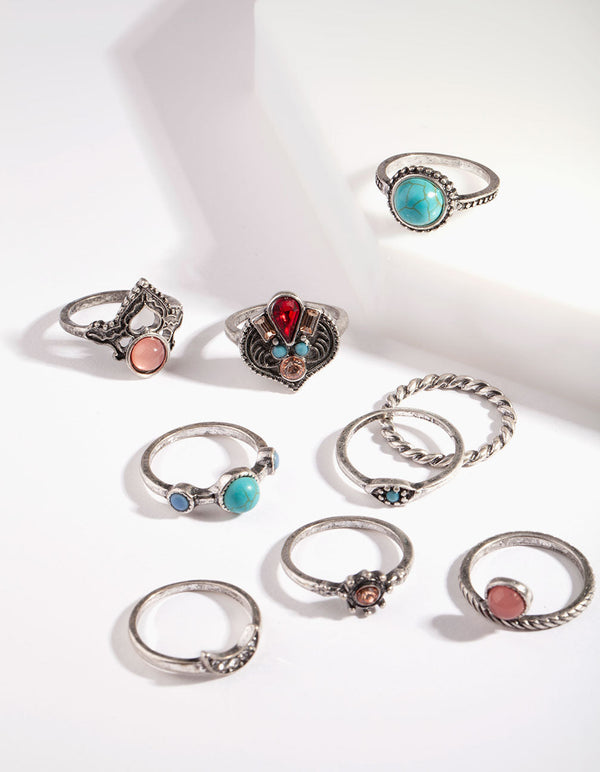 Bohemian Silver Mixed Stone Ring Pack