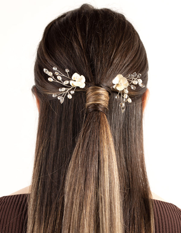 Silver White Flower Hair Pin Pack