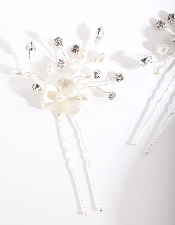 Silver White Flower Hair Pin Pack
