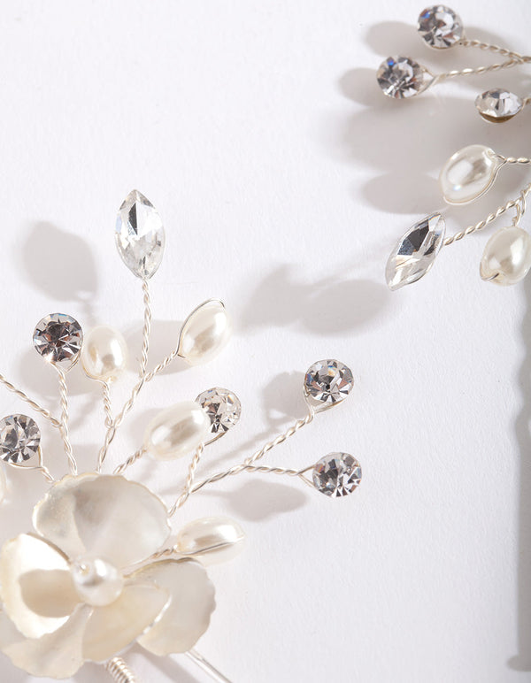 Silver White Flower Hair Pin Pack
