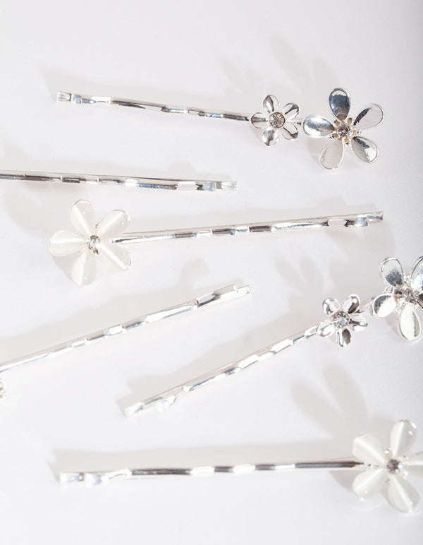 Silver Floral Stone Hair Clip Pack
