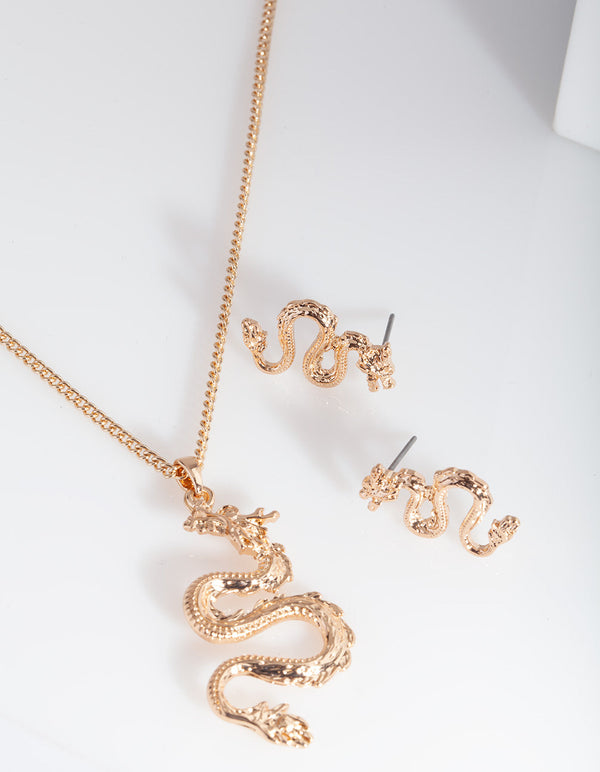 Gold Dragon Earrings Necklace Set