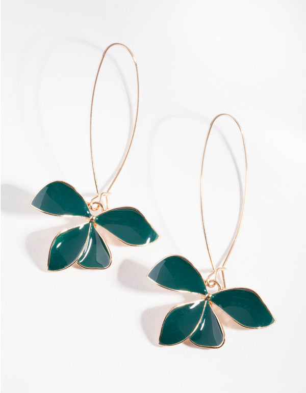 Gold Teal Flower Hook Earrings