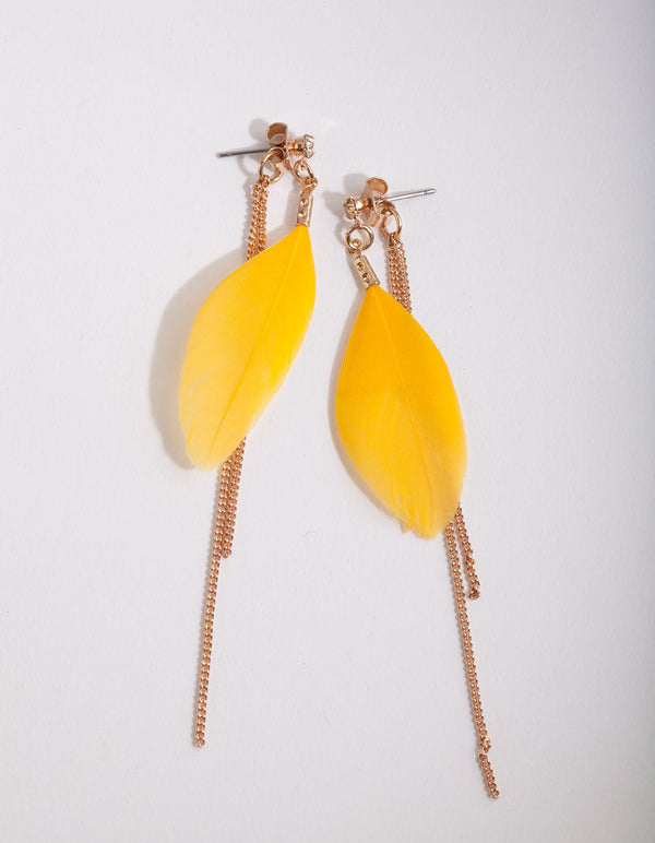 Yellow Feather and Thread Drop Earrings