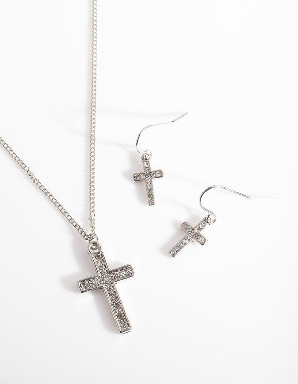 Silver Diamante Cross Necklace