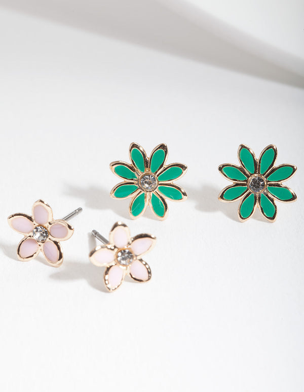 Green Pink Flower Stud 2 Pack